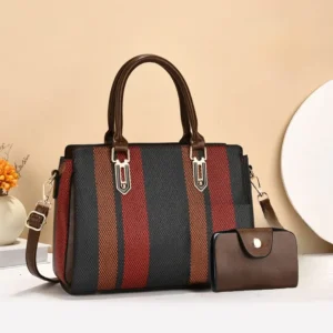 Striped Tote & Wallet Set with Brown Trim